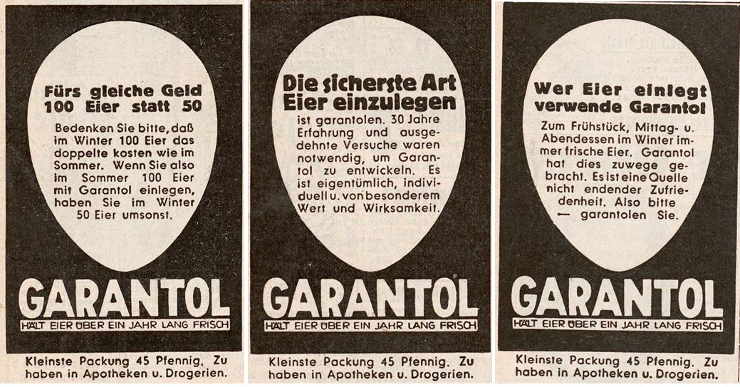 34_Fliegende Blaetter_178_1933_p240_ebd_p272_ebd_p336_Garantol_Eier_Konservierungsmittel