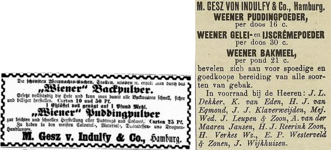 34_Leipziger Tageblatt_1881_12_16_Nr350_p5584_Haarlem's Dagblad_1887_04_21_Nr1163_p4_Backpulver_Puddingpulver_Wien_Gesz-von-Indulfy_Hamburg