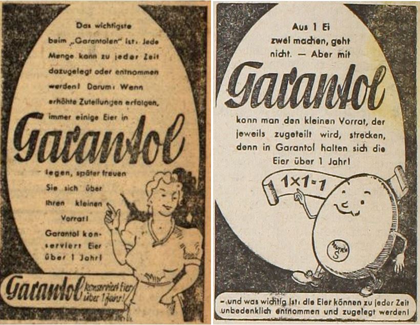 42_Straßburger Neueste Nachrichten_1943_04_16_Nr106_p7_Erlaftal-Bote_1943_04_09_Nr36_p8_Konservierungsmittel_Eier_Garantol