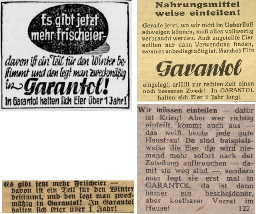 44_Westfaelische Zeitung_1944_8_2_p6_Badische Presse_1944_7_17_p4_Garten-Zeitschrift_1944_p68_Grenzbote_1944_4_16_p8_Garantol_Eier_Konservierungsmittel