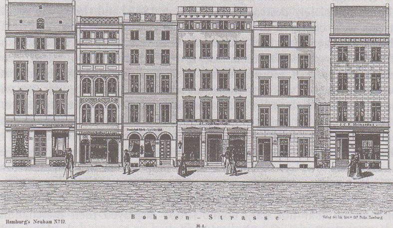 04_Hamburgs Neubau_1846-47_Bl17_Hamburg_Bohnenstrasse_Manufakturwarenhandlung_Schaufenster