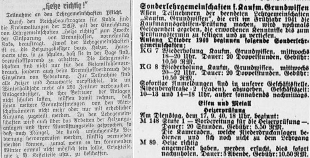 05_Jeversches Wochenblatt_1940_08_05_Nr190_p3_Dresdner Neueste Nachrichten_1940_09_14_Nr216_p12_Heizen_Sparsamkeit_DAF_Fortbildung
