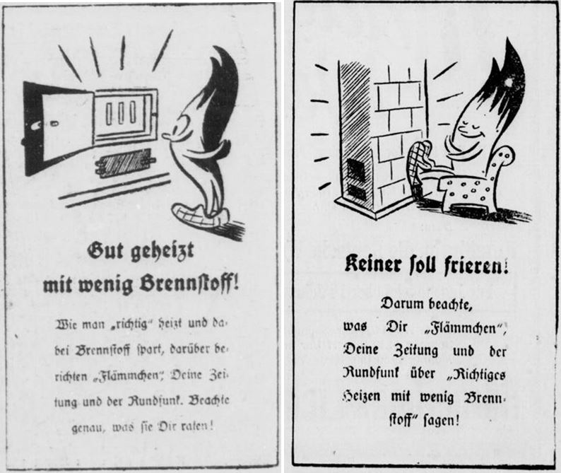 06_Solinger Tageblatt_1940_11_05_Nr262_p8_Die Heimat am Mittag_1940_11_08_Nr264_p5_Flaemmchen_Heizen_Frieren_Sparsamkeit_Energiesparen