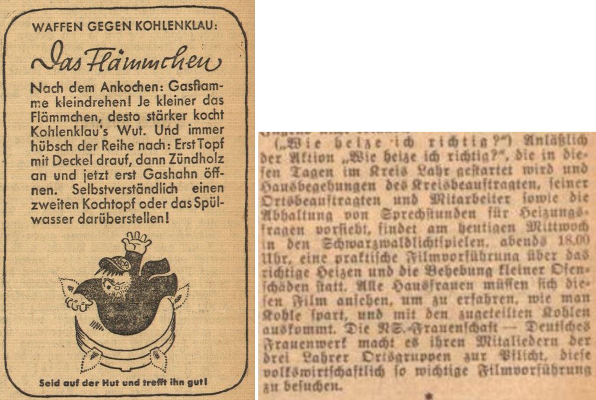 26_Pforzheimer Anzeiger_1945_01_25_Nr021_p4_Der Fuehrer_1944_06_28_Nr176_p3_Flaemmchen_Kohlenklau_Heizen_Energiesparen