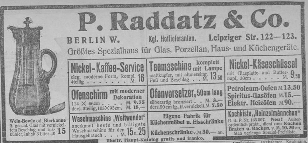 09_Koelnische Zeitung_1905_11_28_Nr1238_p3_Heinzelmaennchen_Kochkiste_Raddatz_Haushaltswaren