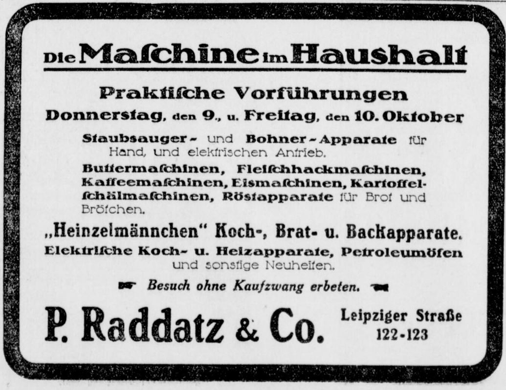 11_Berliner Tageblatt_1913_10_09_Nr513_p16_Heinzelmaennchen_Kochkiste_Haushaltsgeraete_Raddatz_Elektrogeraete