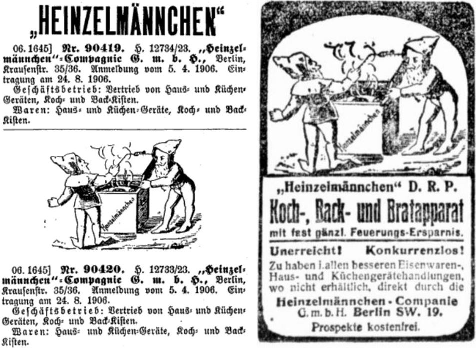 13_Warenzeichenblatt_13_1906_p1645_Berliner Tageblatt_1906_08_01_Nr385_p12_Heinzelmaennchen_Kochkiste_Warenzeichen