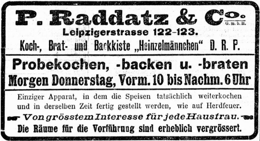 16_Berliner Tageblatt_1906_10_18_Nr530_p19_Heinzelmaennchen_Kochkiste_Raddatz_Direktverkauf_Probekochen