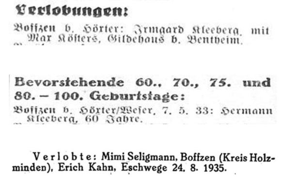 18_Israelitisches Familienblatt_34_1932_Nr44_p6_ebd_35_1933_Nr18_p6_Der Israelit_76_1935_Nr34_p11_Boffzen_Irmgard-Kleeberg_Hermann-Kleeberg_Mimi-Seligmann