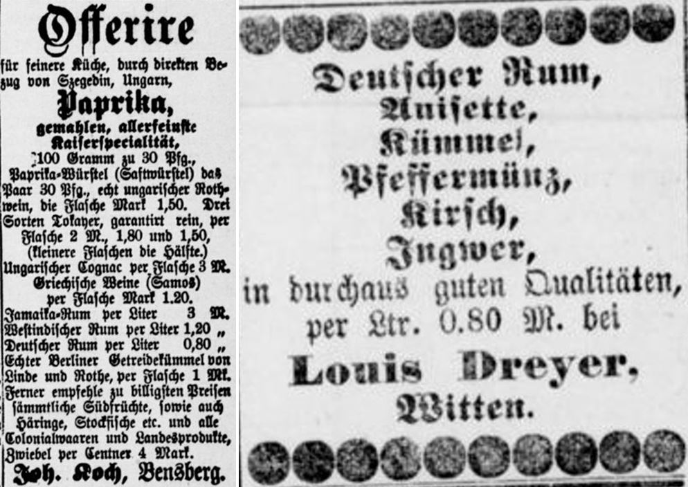 10_Bensberg-Gladbacher Anzeiger_1887_01_22_Nr007_p3_Maerkisches Tageblatt_1888_12_29_Nr305_p4_Kolonialwarenhandlung_Spirituosen_Rum_Deutscher-Rum_Kunstrum