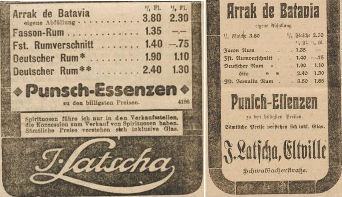 31_Volksstimme_1914_12_30_Nr303_p4_Rheingauer Buergerfreund_1914_12_22_Nr153_p3_Spirituosen_Rum_Deutscher-Rum_Rumverschnitt_Faconrum_Latscha