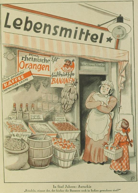 43_Uhu_09_1932-33_H03_p073_Autarkie_Bananen_Ersatzmittel_Kolonialwaren_Orangen_Südfrüchte_Schaufensterwerbung_Auslagen