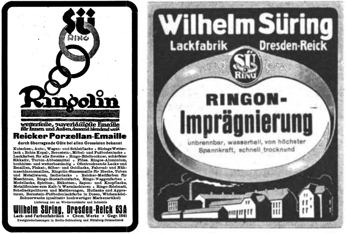11_Adressbuch_1921_pIX_Deutsche Luftfahrer-Zeitschrift_22_1918_Nr11-12_p45_Lacke_Emaille_Ringolin_Wichsmaedel_Wilhelm-Suering_Dresden_Sortiment_Ringon_Produktionsstaette