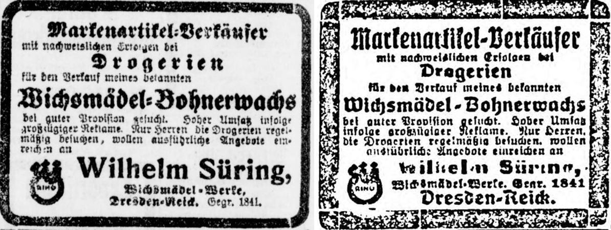 17_Berliner Tageblatt_1921_02_26_Nr095_p10_Hamburger Anzeiger_1921_02_27_Nr048_p7_Bohnerwachs_Wichsmaedel_Wilhelm-Suering_Vertreter_Drogerien