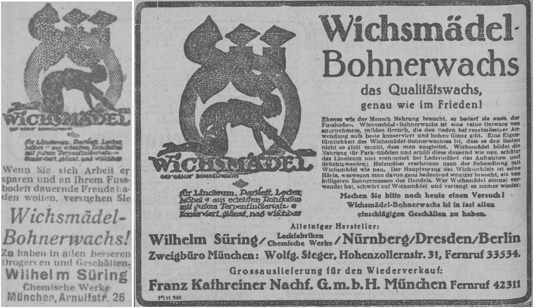 18_Muenchner Neueste Nachrichten_1919_12_27_Nr526_p11_Ebd_1920_10_18_Nr433_p10_Putzmittel_Bohnerwachs_Wichsmaedel