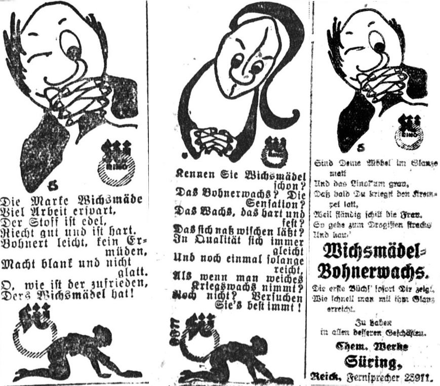 19_DNN_1920_04_23_Nr106_p09_Ebd_04_18_Nr102_p12_DN_1921_05_01_Nr203_p17_Putzmittel_Bohnerwachs_Wichsmaedel_Gedicht