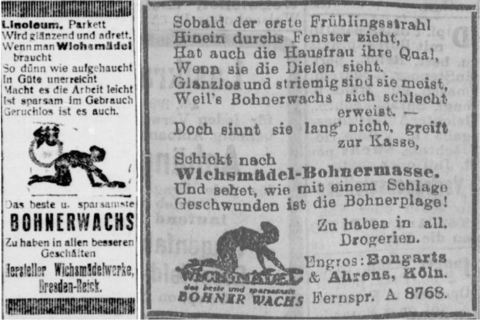 23_Hamborner Volks-Zeitung_1922_05_21_Nr138_p5_Koelnische Zeitung_1923_05_01_Nr302_p7_Putzmittel_Bohnerwachs_Wichsmaedel_Gedicht