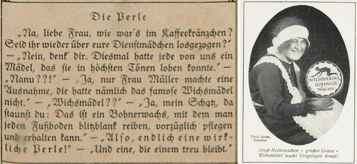 26_Fliegende Blätter_161_1924_p583_K.E.-Magazin_1_1925_Nr02_p127_Putzmittel_Bohnerwachs_Wichsmädel_Dienstmaedchen
