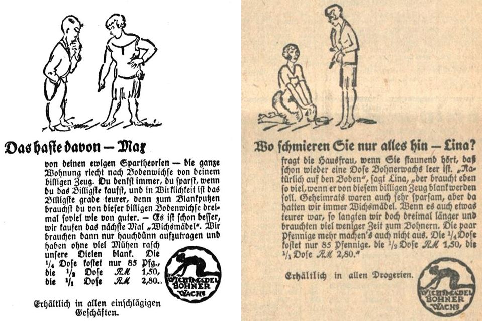 30_Dresdner Nachrichten_1926_06_14_Nr275_p15_Badische Presse_1929_05_03_Nr204_p09_Putzmittel_Bohnerwachs_Wichsmaedel_Hausfrau_Dienstmaedchen