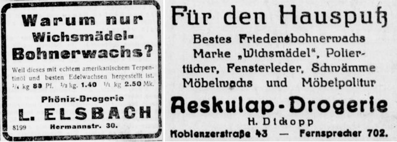 36_Hoerder Volksblatt_1924_09_23_Nr223_p4_Godesberger Volkszeitung_1926_02_25_Nr046_p4_Drogerie_Putzmittel_Bohnerwachs_Wichsmaedel