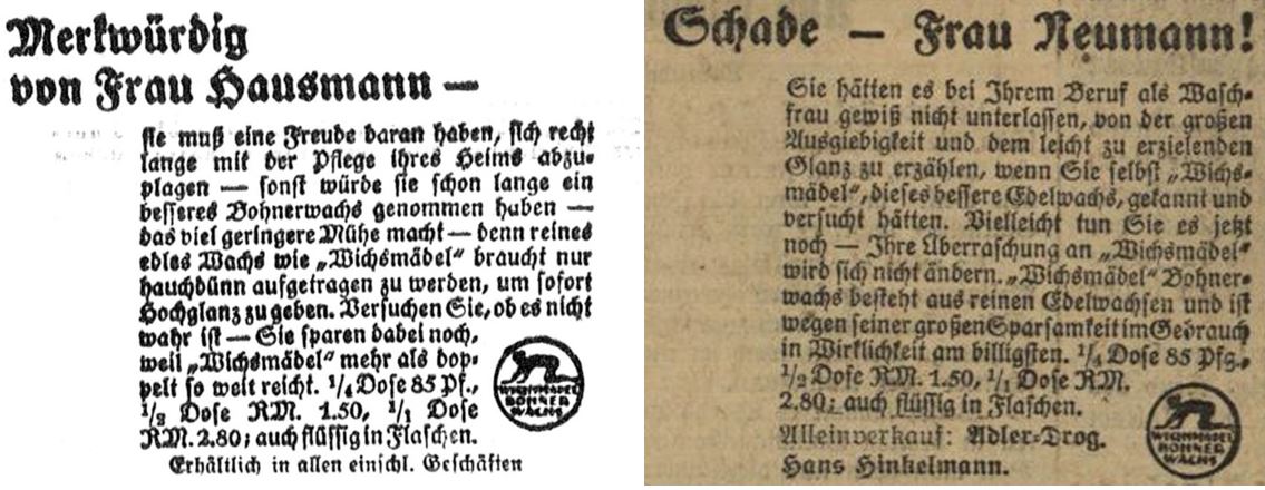 40_Dresdner Nachrichten_1928_11_30_Nr564_p05_Durlacher Tagblatt_1929_03_08_Nr057_p4_Putzmittel_Bohnerwachs_Wichsmaedel