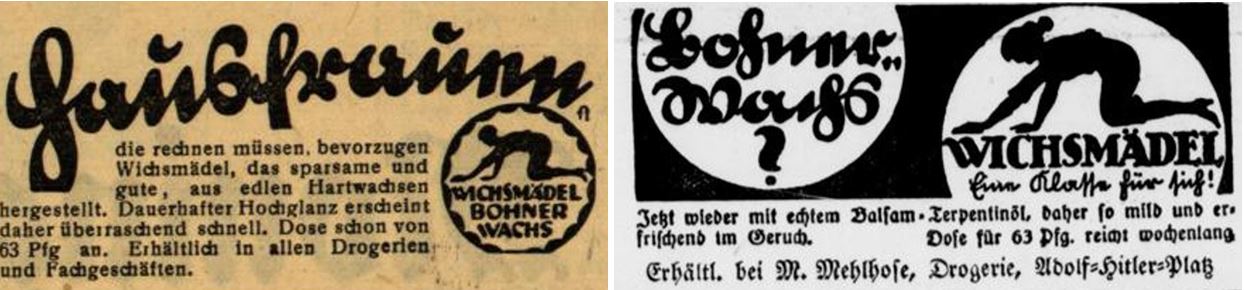 44_Badische Presse_1938_04_14_Nr103_p8_Schwerter Zeitung_1939_03_17_Nr065_p12_Putzmittel_Bohnerwachs_Wichsmaedel