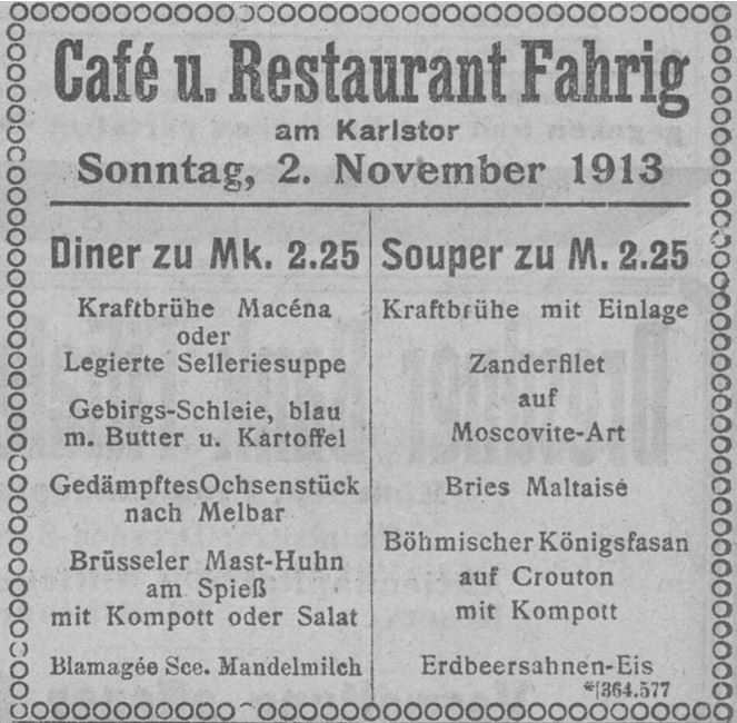 03_Muenchner Neueste Nachrichten 1913_11_02_Nr560_p12_Restaurant_Mandelmilch_Fahrig