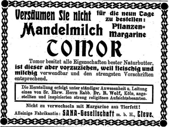 11_Israelitisches Familienblatt_06_1908_H28_p8_Margarine_Tomor_Koscher_Mandelmilch