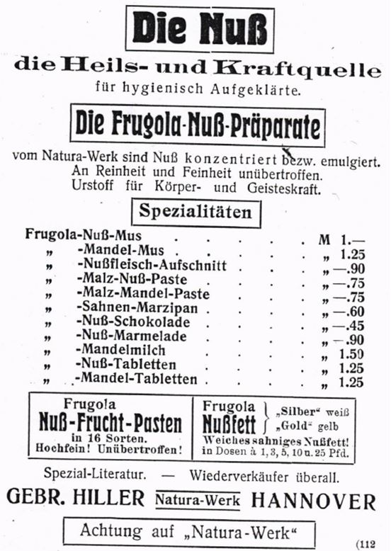 12_Vegetarische Warte_49_1913_Anzeigenanhang_sp_Mandelmilch_Reformwaren_Frugola_Hiller_Hannover_Natura-Werke
