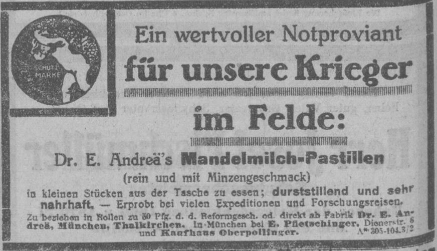 14_Muenchner Neueste Nachrichten 1914_10_14_Nr545_p08_Mandelmilch_Konzentrat_Liebesgabe_Andreae_Muenchen