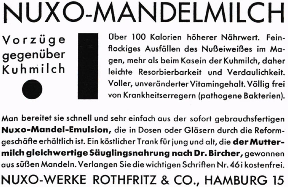 16_Vegetarische Warte_62_1929_p047_Mandelmilch_Ersatzmittel_Milchersatz_Nuxo_Rothfritz_Hamburg