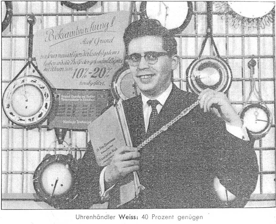 16_Der Spiegel_12_1958_Nr32_p26_Discounter_Uhren_Weiss_Preisbindung_Rabatte_Kommerzialisierung