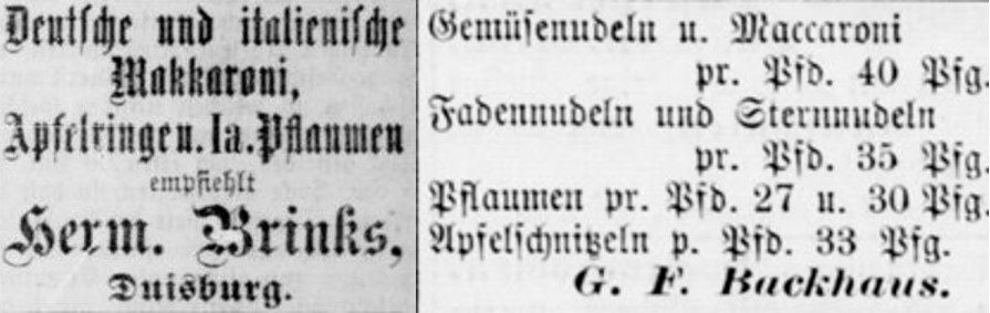 07_Rhein- und Ruhrzeitung_1886_04_21_Nr094_p6_Solinger Zeitung_1881_03_04_Nr035_p3_Makkaroni_Trockenobst_Backobst