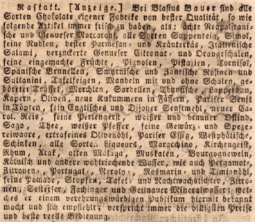 10_Karlsruher Zeitung_1816_07_22_Nr022_p202_Kolonialwarenhandlung_Rastatt_Makkaroni_Nudeln_Parmesankaese_Senf_Mineralwasser_Schinken