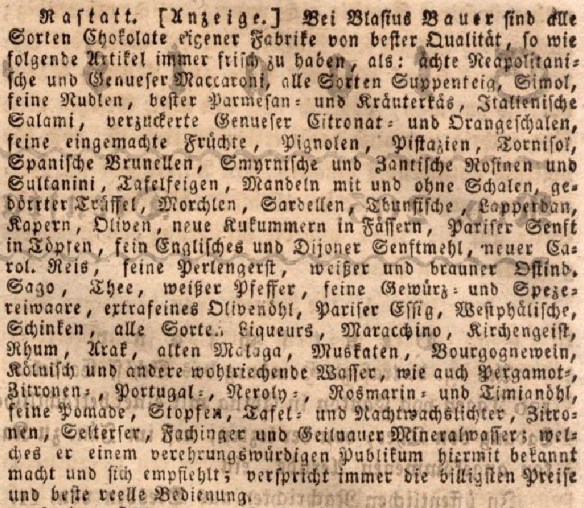 10_Karlsruher Zeitung_1816_07_22_Nr022_p202_Kolonialwarenhandlung_Rastatt_Makkaroni_Nudeln_Parmesankaese_Senf_Mineralwasser_Schinken