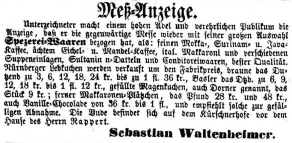 11_Wuerzburger Stadt- und Landbote_1858_11_02_Nr261_p5_Messe_Spezereiwaren_Makkaroni_Gebaeck_Makkaroni-Plätzchen_Waltenheimer