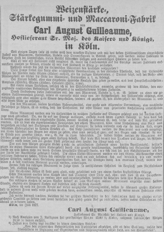 21_Koelnische Zeitung_1877_07_11_Nr191_p8_Nudeln_Makkaroni_Carl-August-Guilleaume_Koeln