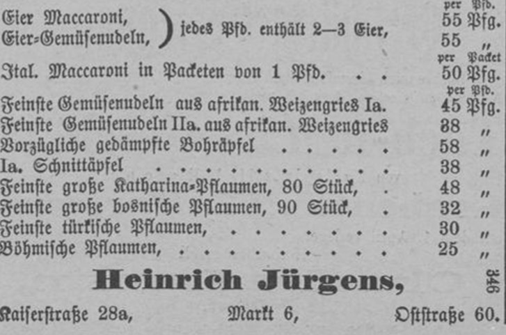 24_Duesseldorfer Volksblatt_1882_03_31_Nr088_p3_Kolonialwarenhandlung_Makkaroni_Eier-Makkaroni_Nudeln_Pflaumen_Backobst_Heinrich-Jürgens