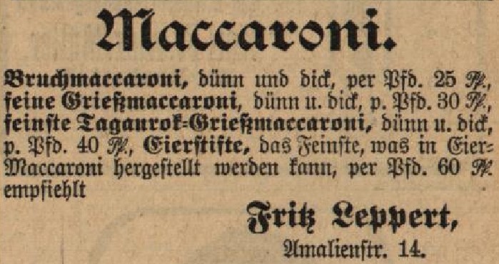 32_Karlsruher Tagblatt_1904_10_09_Nr281_p6373_Makkaroni_Eier-Makkaroni_Hartweizengriess