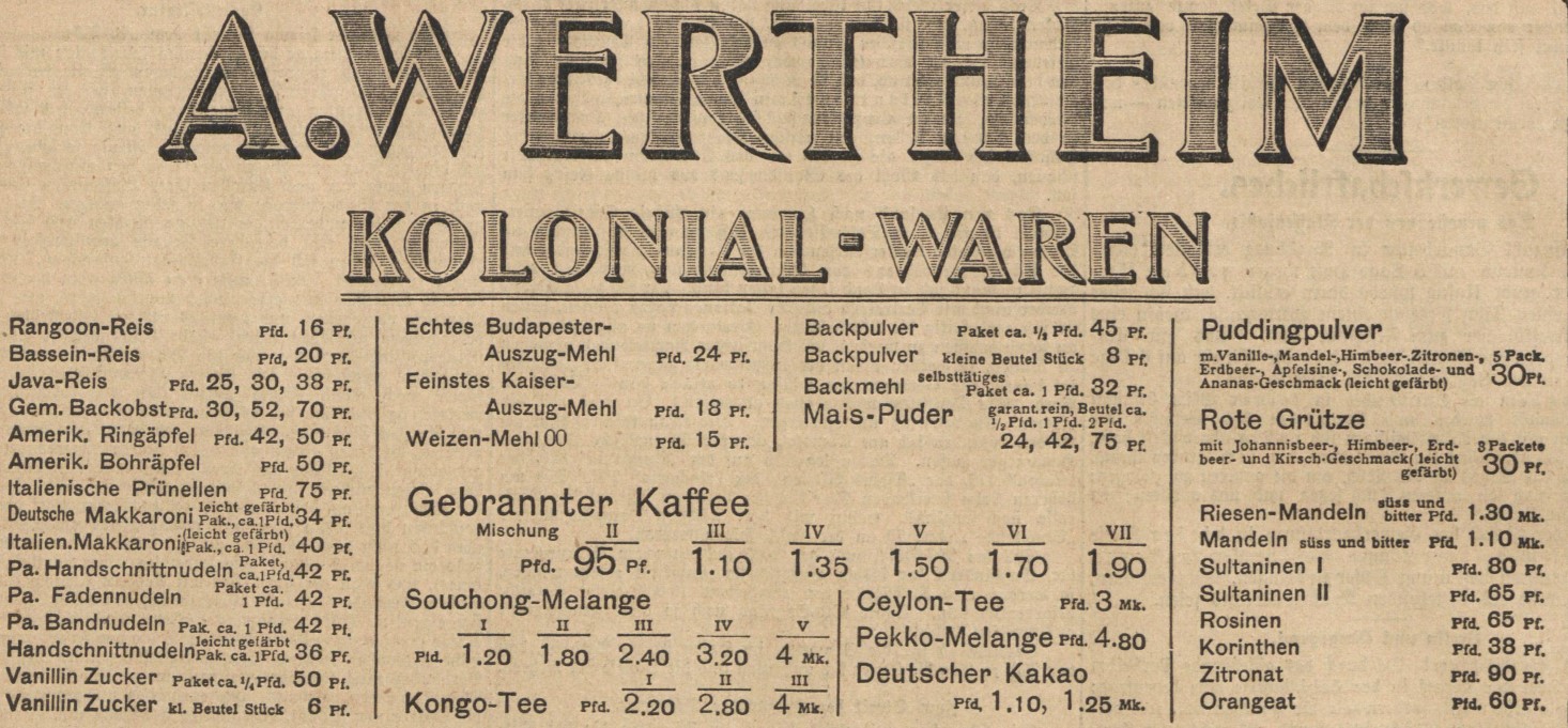 33_Vorwaerts_1907_03_21_Nr068_p08_Warenhaus_Wertheim_Kolonialwaren_Makkaroni_Deutsche-Makkaroni_Preise_