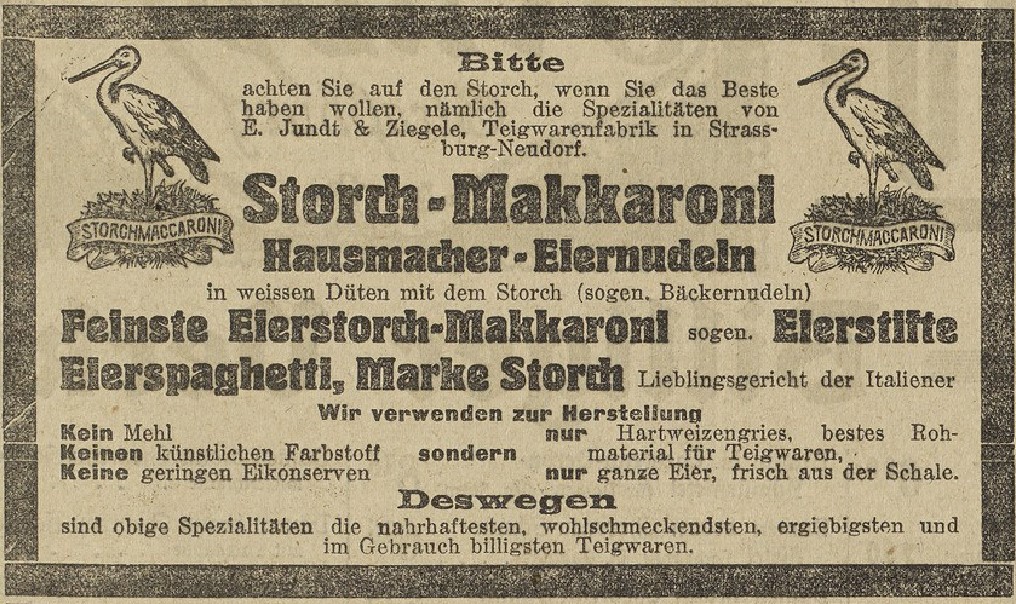 39_Straßburger Neueste Nachrichten_1913_05_08_Nr106_sp_Makkaroni_Eier-Makkaroni_Storch_Jundt-Ziegele_Eiernudeln