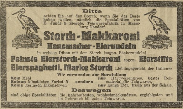 39_Straßburger Neueste Nachrichten_1913_05_08_Nr106_sp_Makkaroni_Eier-Makkaroni_Storch_Jundt-Ziegele_Eiernudeln
