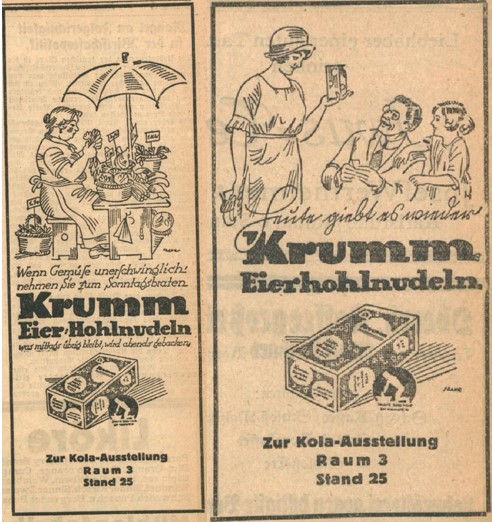 42_Karlsruher Tagblatt_1924_09_11_Nr382_Beilage_p3_Ebd_09_07_Nr376_p3_Nudeln_Hohlnudeln_Makkaroni_Eier-Makkaroni_Krumm_Gemuese