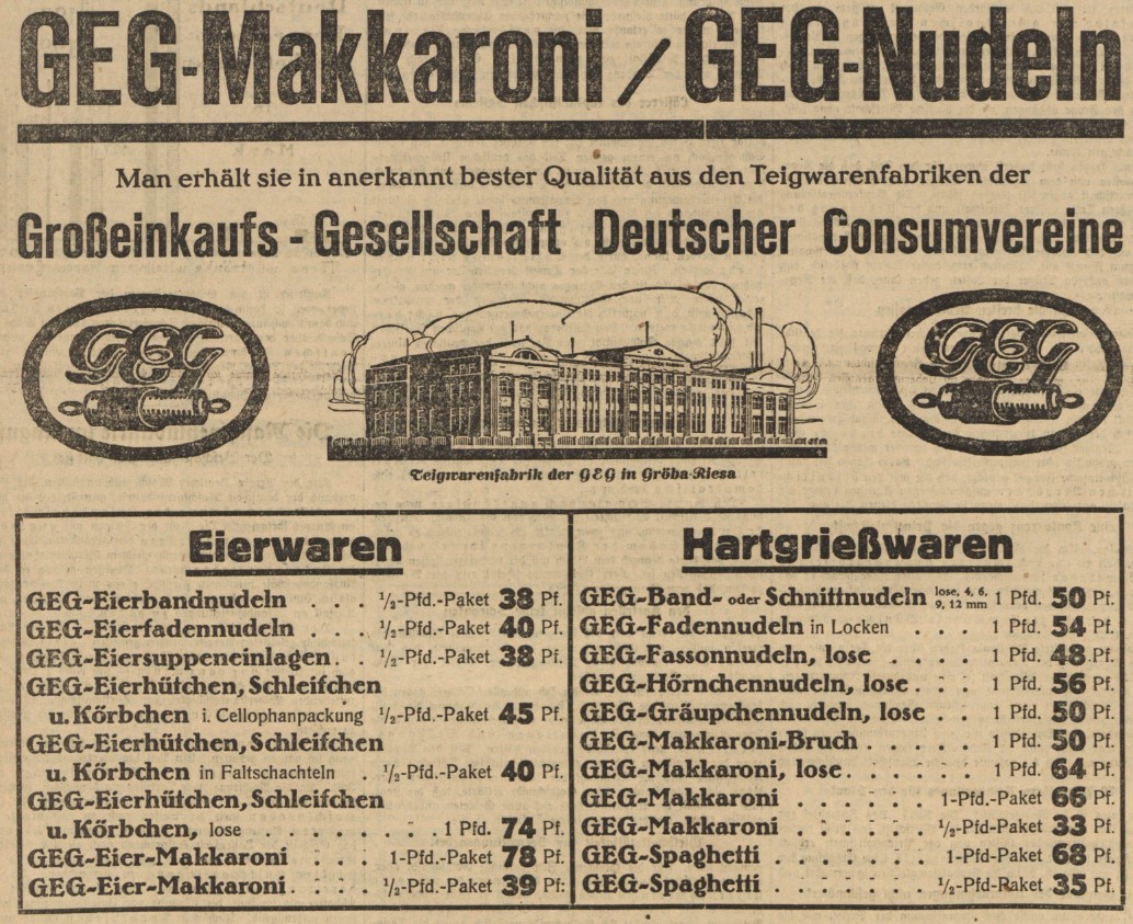 45_Vorwaerts_1928_09_11_Nr429_p10_Konsumgenossenschaften_Teigwaren_Makkaroni_GEG_Eiernudeln_Produktionsstaette_Riesa
