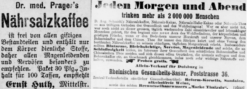 05_Velberter Anzeiger_1904_08_19_Nr194_p4_Rhein- und Ruhrzeitung_1905_09_30_Nr230, 4_Reformwaren_Naehrsalzkaffee_Ersatzkaffee_Dr-Prager_Aug-Schmidt_Naehrsalze