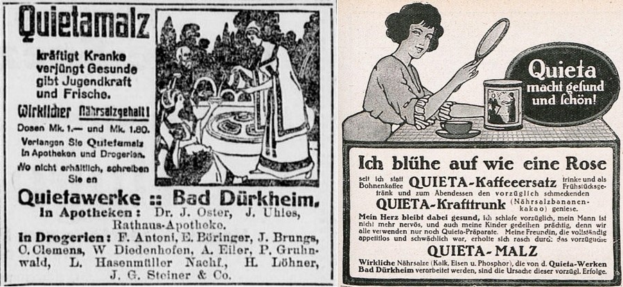 06_General-Anzeiger für Bonn und Umgegend_1913_04_08_Nr8247_p3_Fliegende Blaetter_140_1914_Nr3577_Beibl5_p7_Ersatzkaffee_Malzextrakt_Naehrsalze_Quieta_Krafttrunk_Functional-Food_Bad-Duerkheim