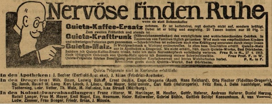 08_Badische Presse_1913_12_05_Nr568_p14_Ersatzkaffee_Krafttrunk_Malzextrakt_Quieta_Nervositaet_Vertriebsnetz