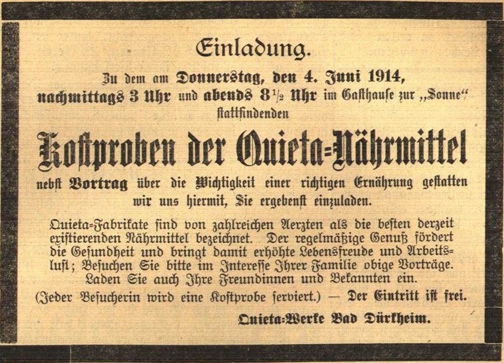 12_Mittelbadischer Courier_1914_05_30_Amtliches Verkuendigungsblatt Ettlingen_Nr020_p4_Naehrmittel_Quieta_Direktverkauf_Bad-Duerkheim_Ersatzkaffee