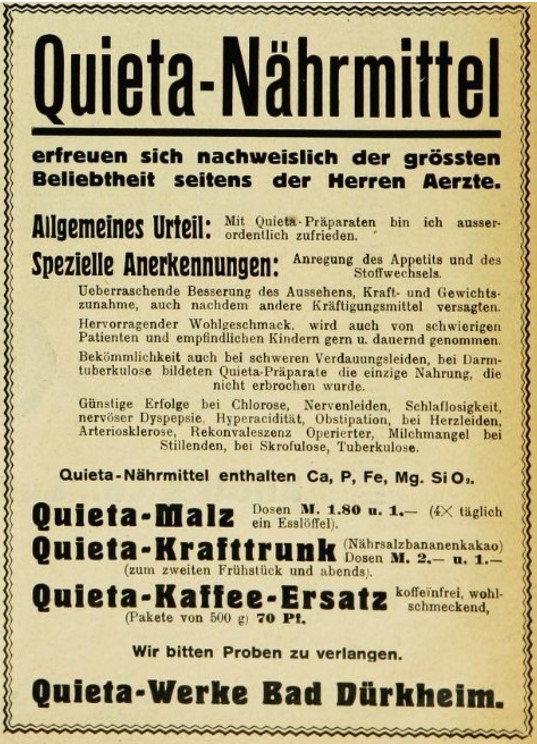 14_Muenchener Medizinische Wochenschrift_60_1913_Nr47_Anzeigen_p25_Naehrmittel_Quieta_Bad-Duerkheim_Malzextrakt_Krafttrunk_Ersatzkaffee