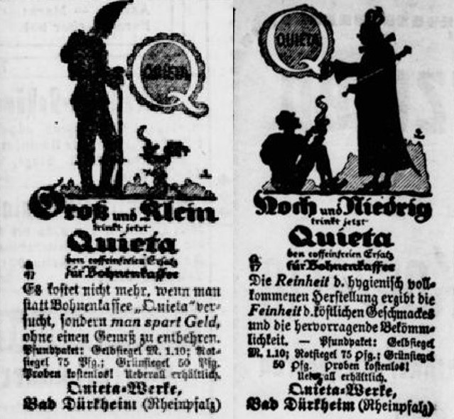 19_Aachener Anzeiger_1915_04_22_Nr094_p3_Ebd_04_18_Nr091_p3_Ersatzkaffee_Quieta_Bad-Duerkheim
